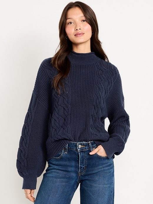 Image number 1 showing, Seaside Cotton Roll-Neck Cable-Knit Sweater