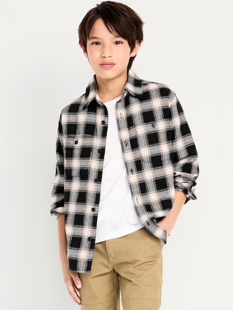 Long-Sleeve Pocket Plaid Flannel Shirt for Boys - Black Plaid