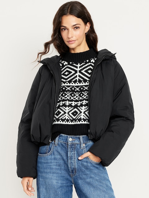 Water-Resistant Bubble-Hem Hooded Puffer Jacket - Black Jack