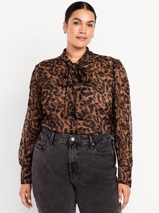 Image number 6 showing, Long-Sleeve Tie-Neck Chiffon Top