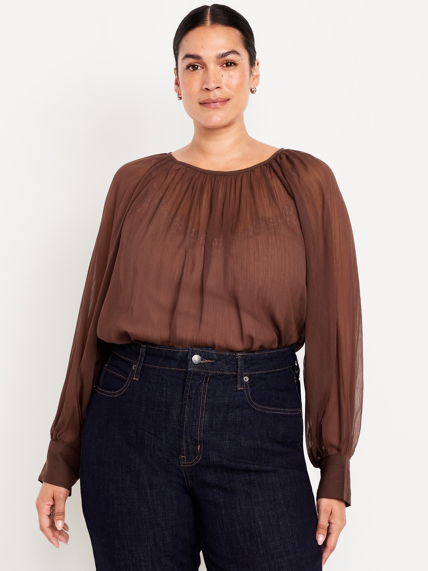 Женский топ Old Navy Shirred Chiffon Long-Sleeve Top, цвет: Earthen — фото 5