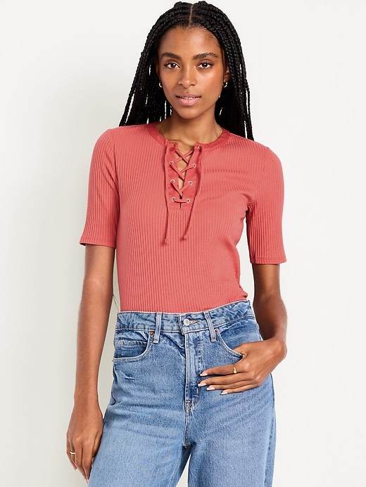 Image number 1 showing, Short Sleeve Lace-Front Top