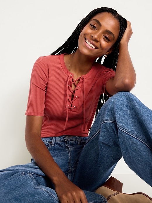 Image number 3 showing, Short Sleeve Lace-Front Top