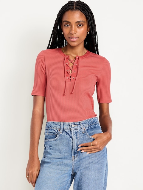 Short Sleeve Lace-Front Top