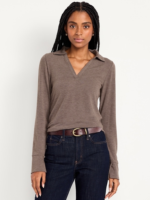 Split-Neck Long-Sleeve Pullover Shirt