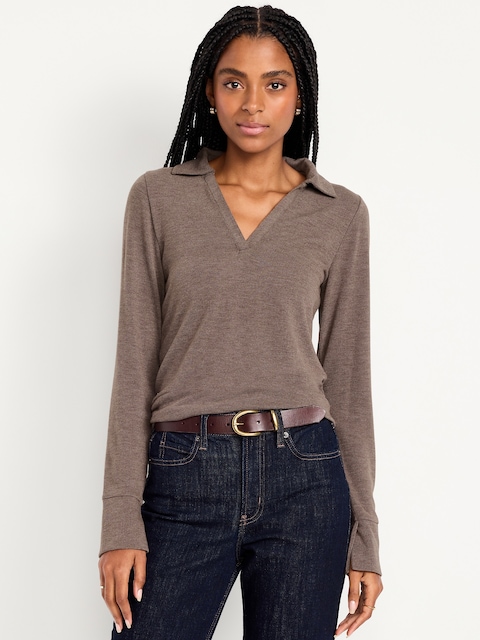 Split-Neck Long-Sleeve Pullover Shirt