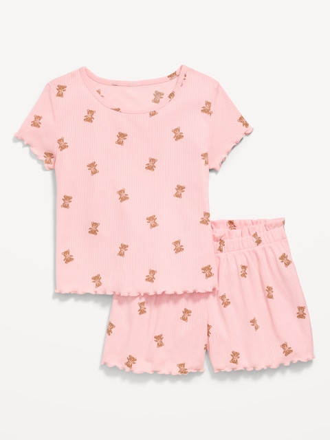Ribbed Lettuce-Edge Pajama Top and Shorts Set for Girls