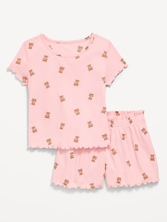 Ribbed Lettuce-Edge Pajama Top and Shorts Set for Girls