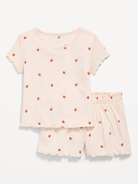Ribbed Lettuce-Edge Pajama Top and Shorts Set for Girls