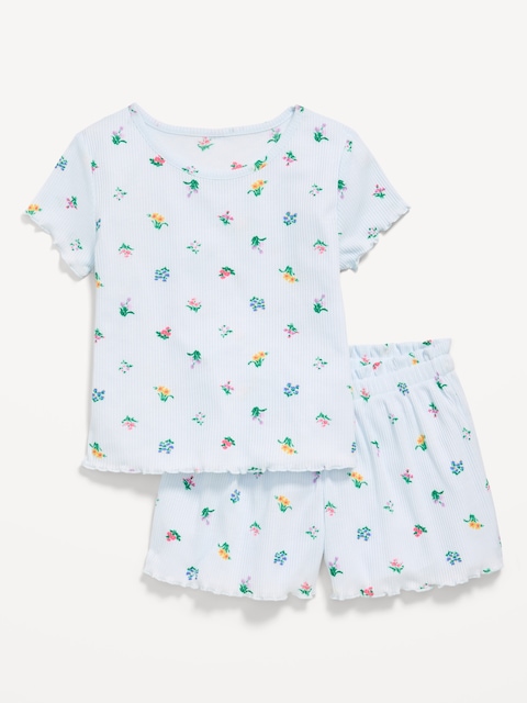 Ribbed Lettuce-Edge Pajama Top and Shorts Set for Girls