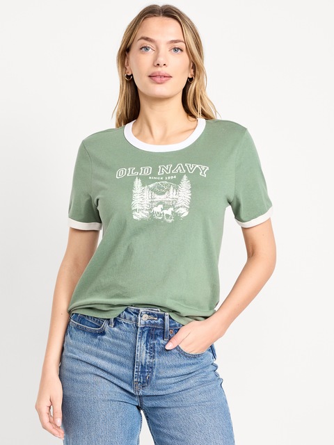 EveryWear Crew-Neck Logo-Graphic Ringer T-Shirt - Logo Horses
