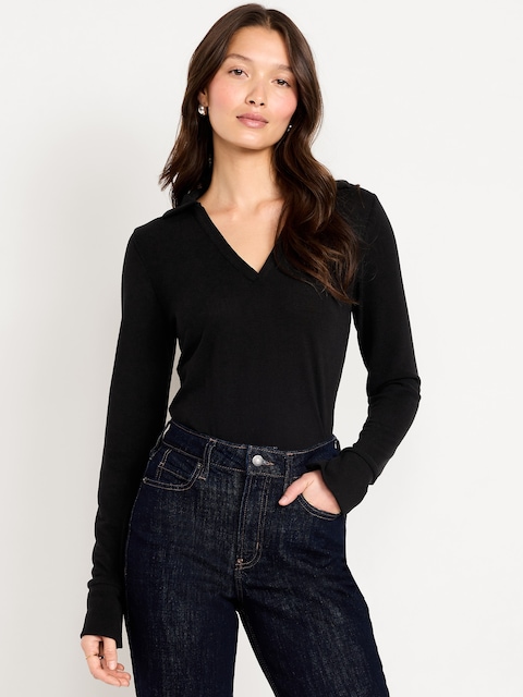 Split-Neck Long-Sleeve Pullover Shirt