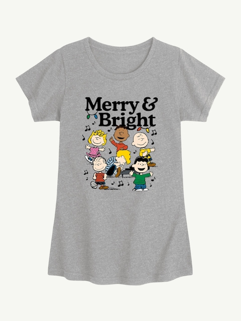 Peanuts Merry And Bright Short Sleeve Tee For Girls - Heather Gray