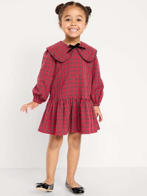 Long-Sleeve Plaid Collared Dress for Toddler Girls - Red Plaid