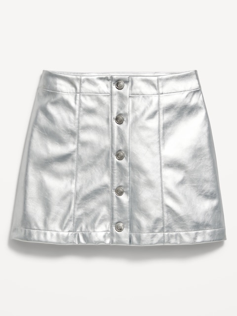 Faux-Leather Silver Shine Button-Front Skirt for Girls - Silver