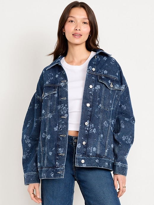Image number 1 showing, Oversized Floral Print Jean Trucker Jacket