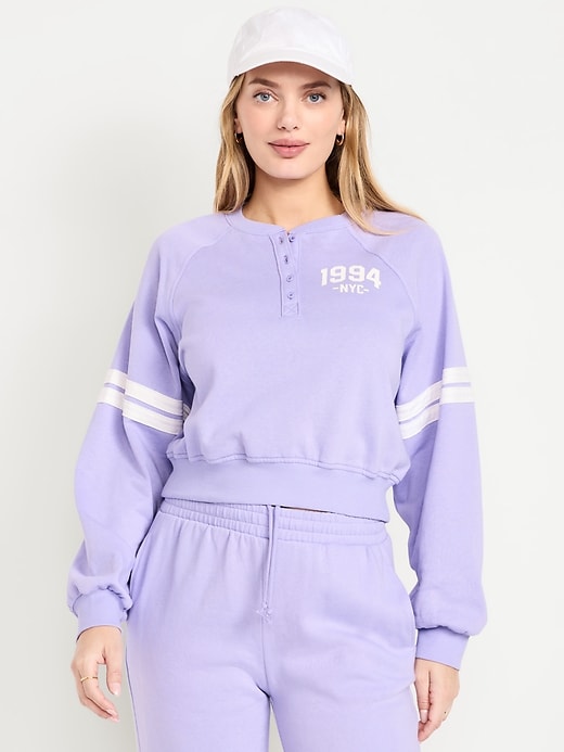 Image number 1 showing, SoComfy Oversized Button-Front Graphic Sweatshirt