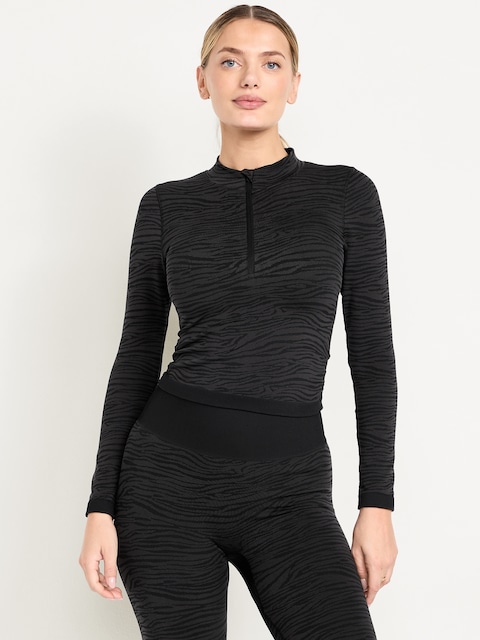 Seamless Jacquard Mock-Neck Half-Zip Top