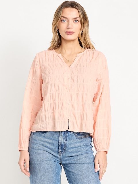Button-Down Smocked Top