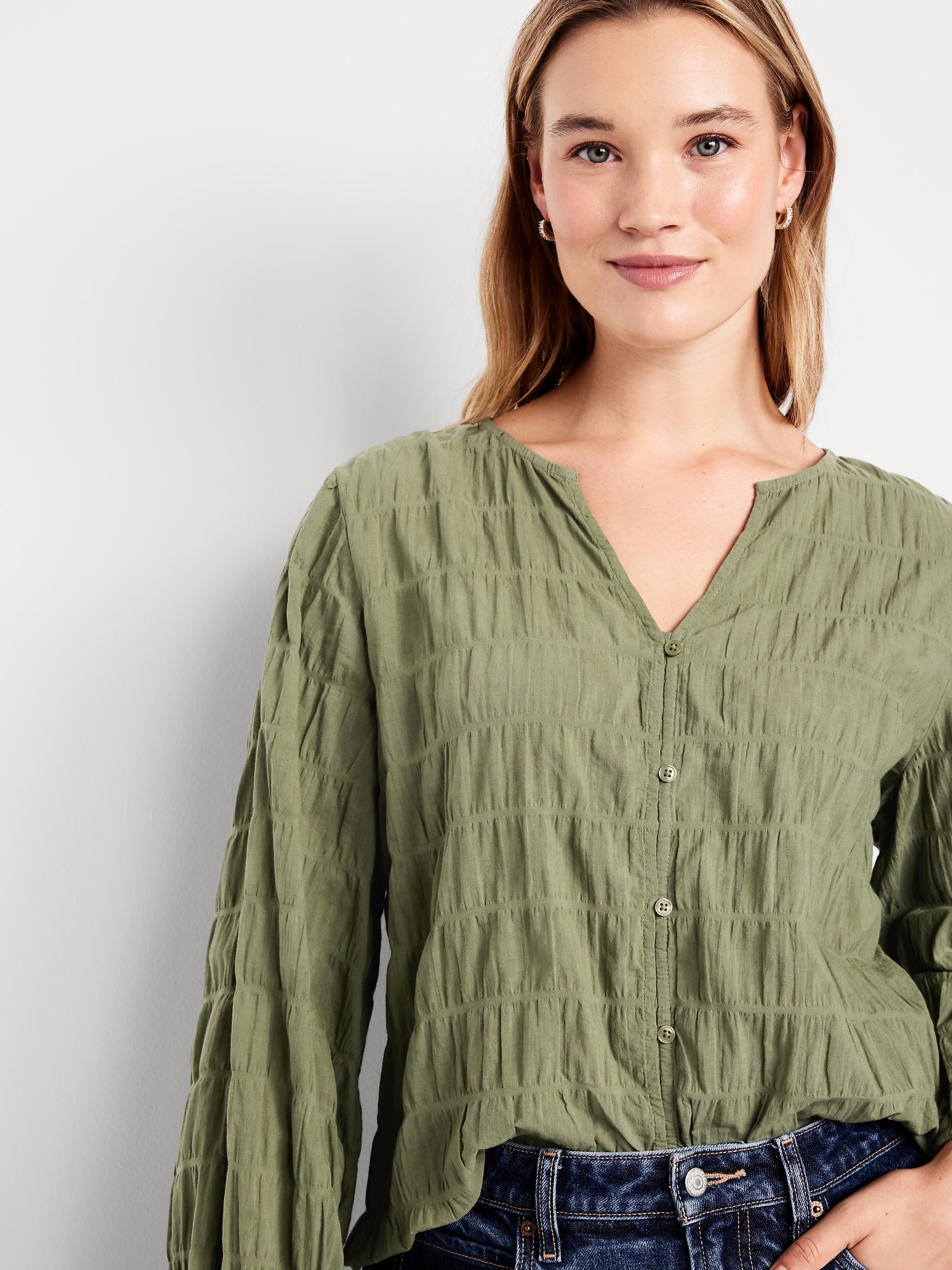 Lightweight Button-Down Smocked Top