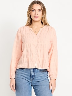 Lightweight Button-Down Smocked Top