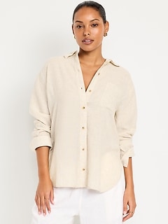 Linen-Blend Loose Button-Down Shirt