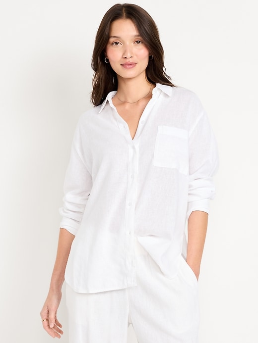 Image number 1 showing, Linen-Blend Loose Button-Down Shirt