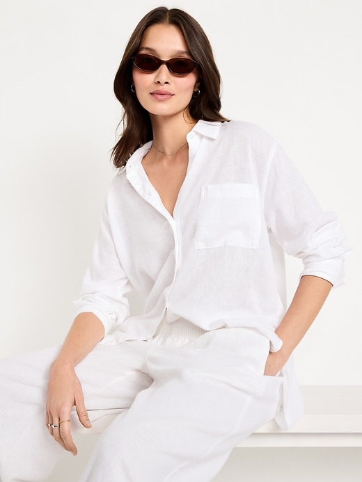 Image number 3 showing, Linen-Blend Loose Button-Down Shirt