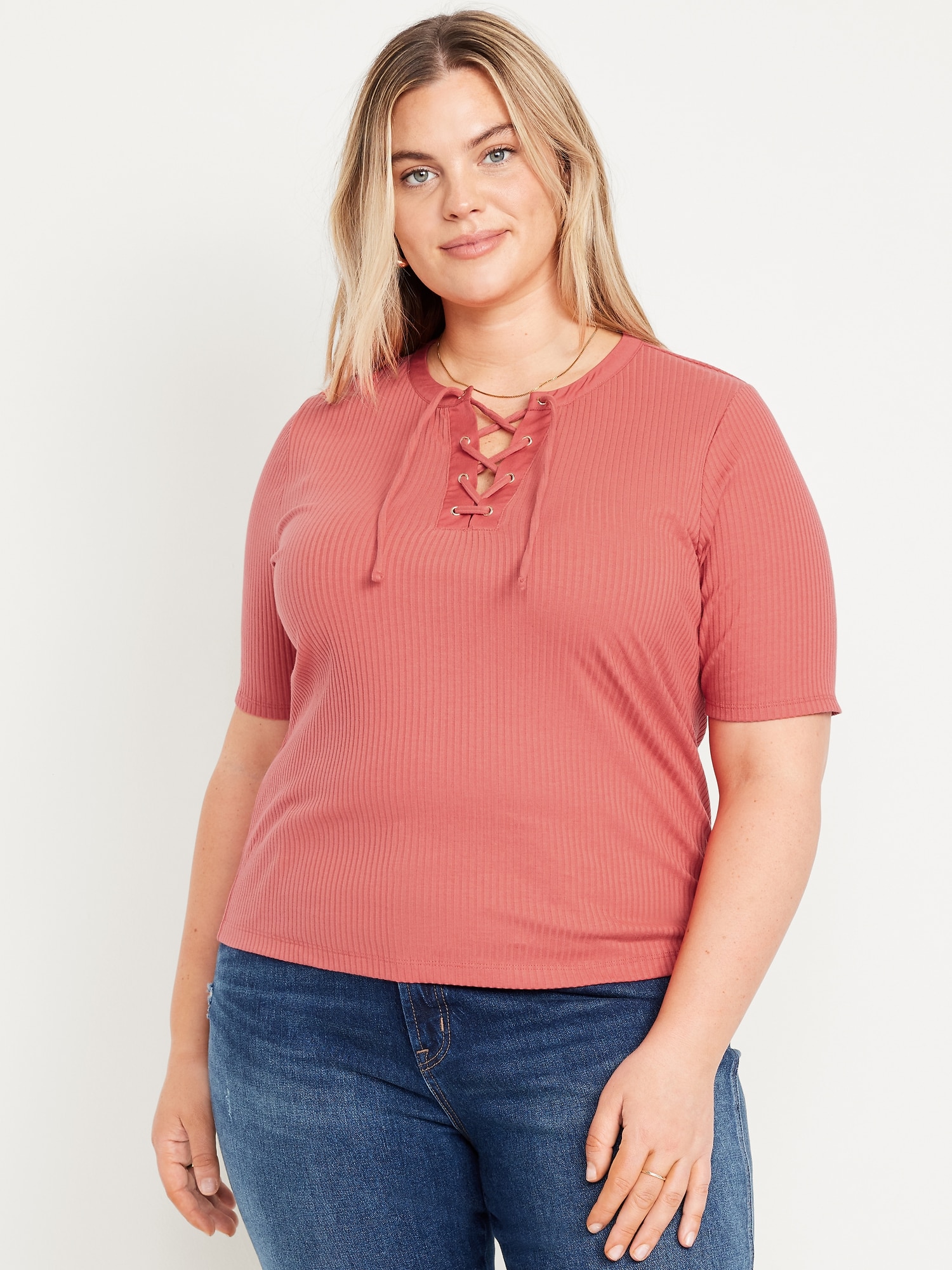 Short Sleeve Lace-Front Top