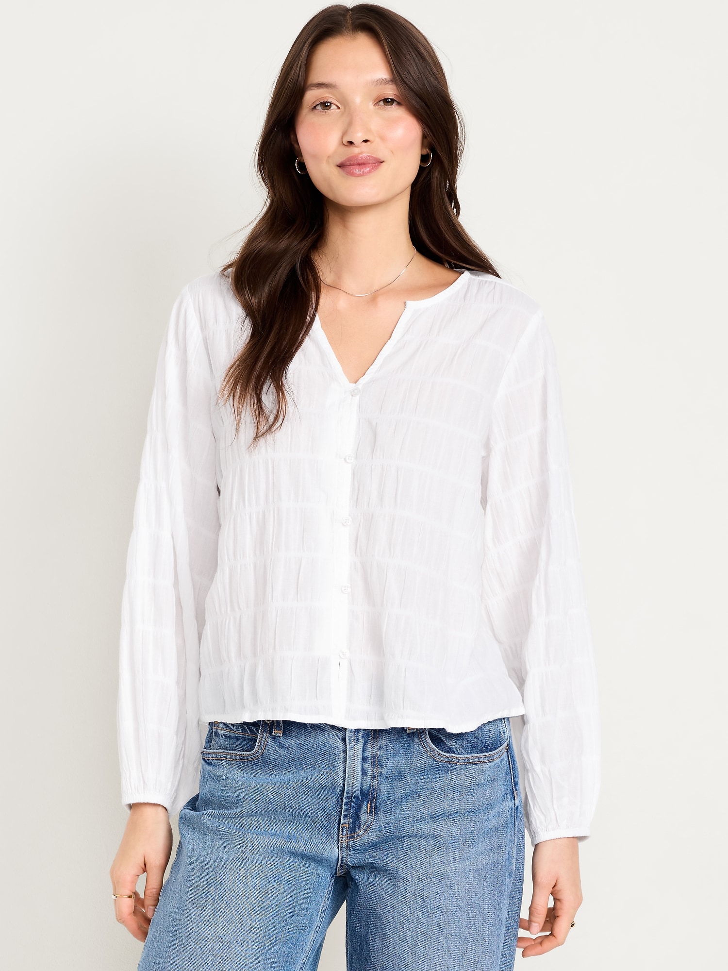 Lightweight Button-Down Smocked Top