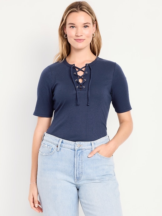 Image number 4 showing, Short Sleeve Lace-Front Top
