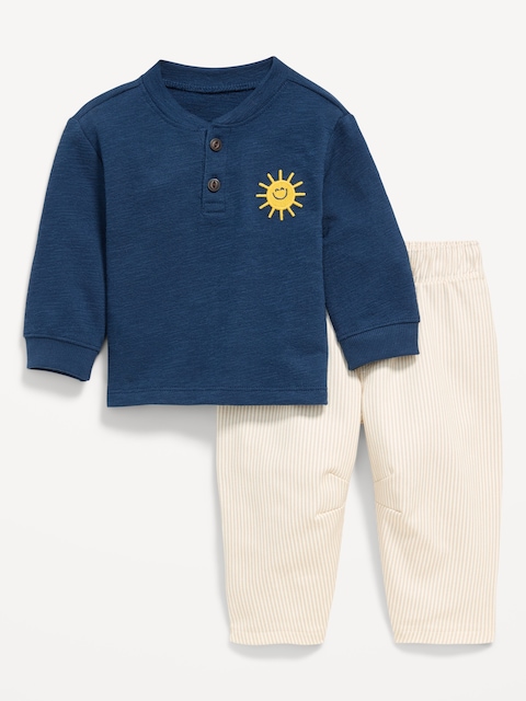 Long-Sleeve Henley Top and Barrel-Leg Pants Set for Baby