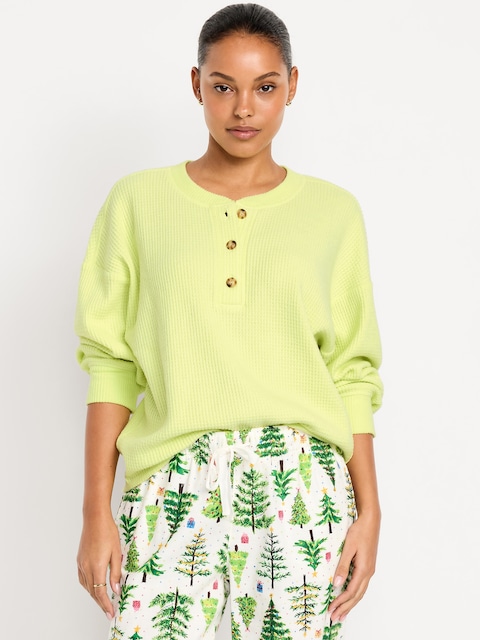 Oversized Cozy Waffle Henley Top - Yellowlime