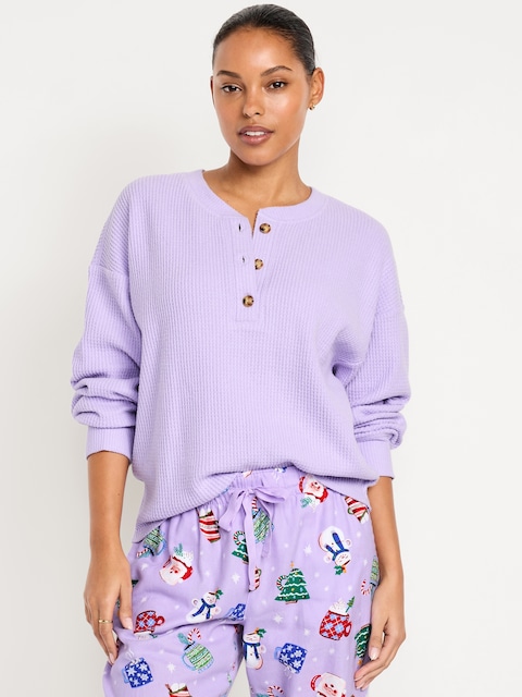 Oversized Cozy Waffle Henley Top - Lavender Haven