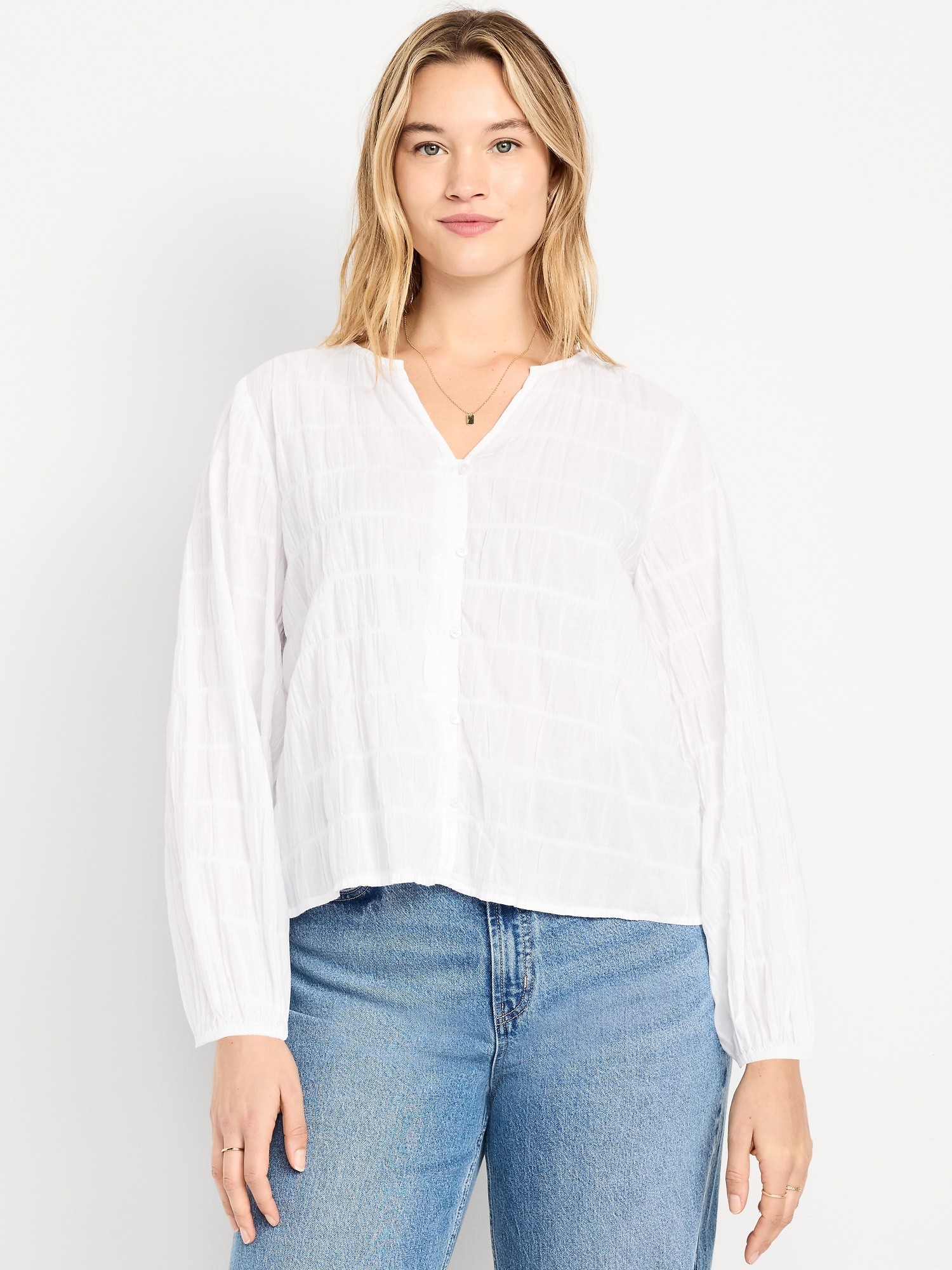 Lightweight Button-Down Smocked Top