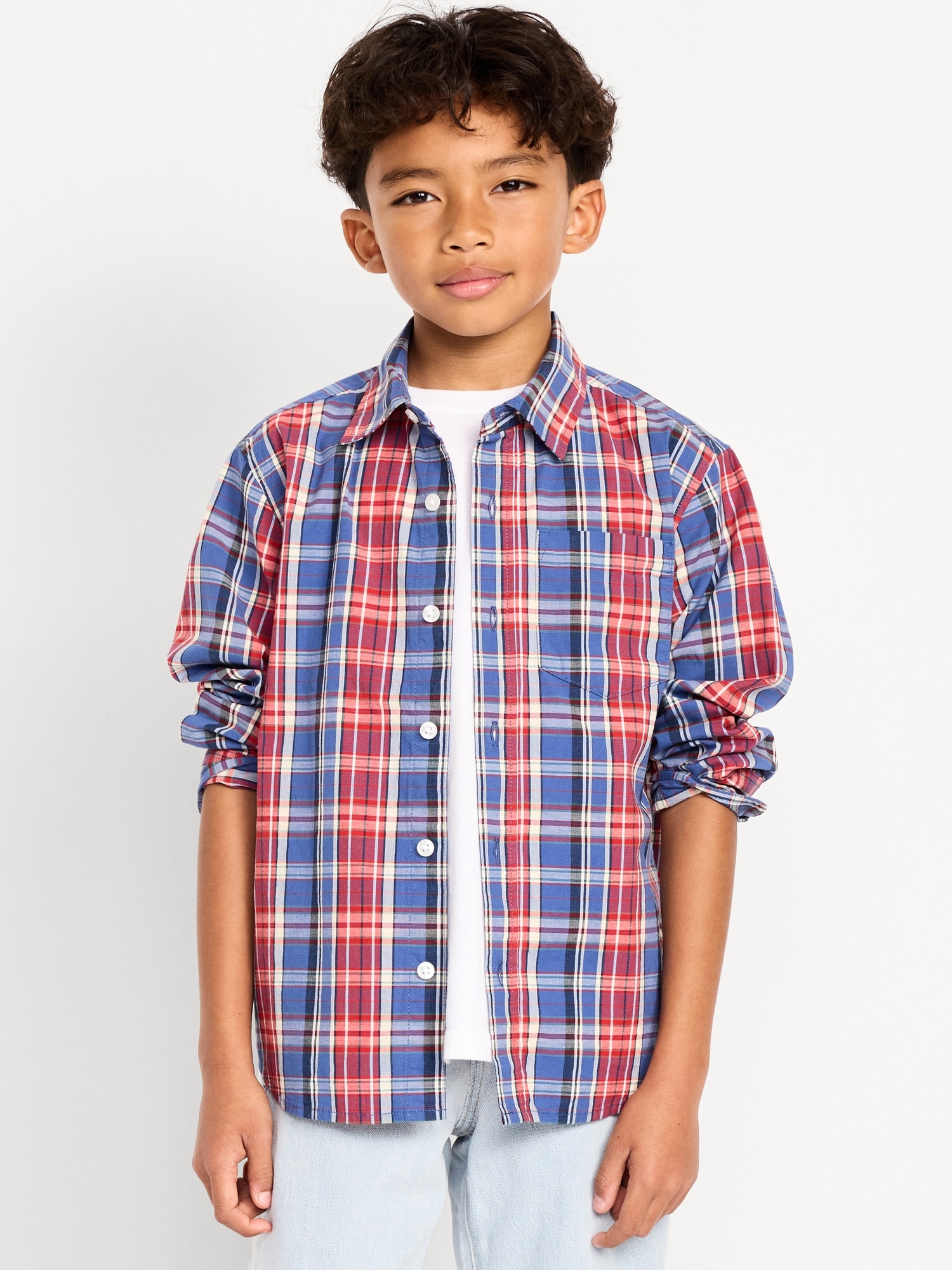 Long-Sleeve Plaid Poplin Pocket Shirt for Boys