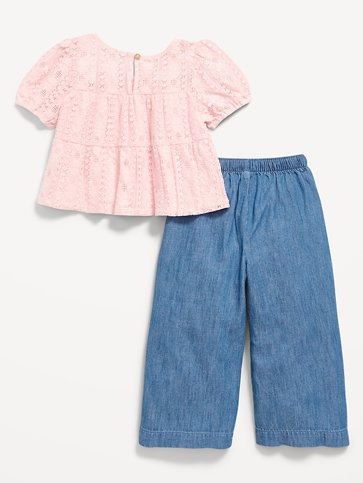 Image number 3 showing, Short-Sleeve Lace Top and Chambray Pants Set for Toddler Girls