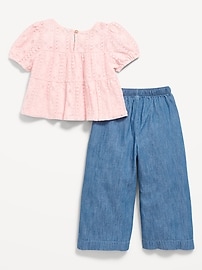 Image number 3 showing, Short-Sleeve Lace Top and Chambray Pants Set for Toddler Girls