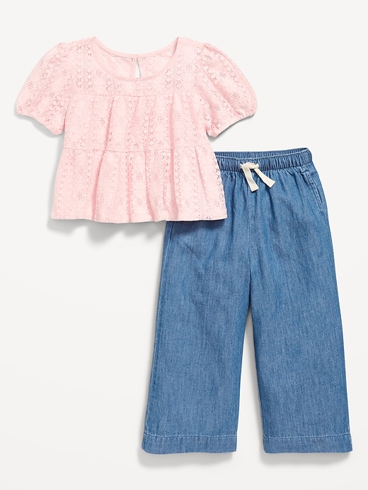 Image number 2 showing, Short-Sleeve Lace Top and Chambray Pants Set for Toddler Girls