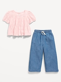 Image number 4 showing, Short-Sleeve Lace Top and Chambray Pants Set for Toddler Girls