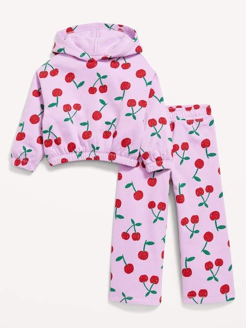 Printed Long-Sleeve Hoodie and Wide-Leg Sweatpants Set for Toddler Girls - Cherry Purple