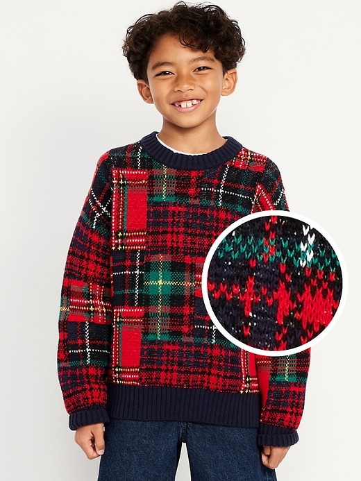 Image number 1 showing, Oversized Plaid Crew-Neck Sweater for Boys