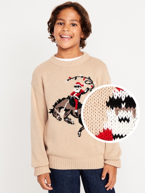 Oversized Crew-Neck Holiday Graphic Sweater for Boys - Rodeo Santa