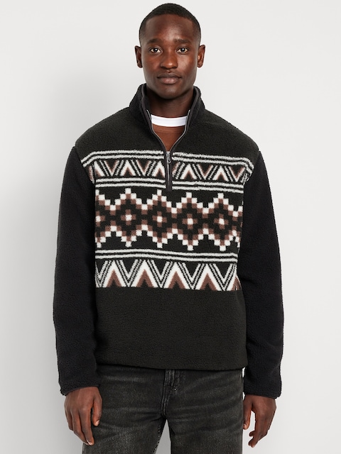 Printed Sherpa Quarter-Zip Pullover - Black Geo