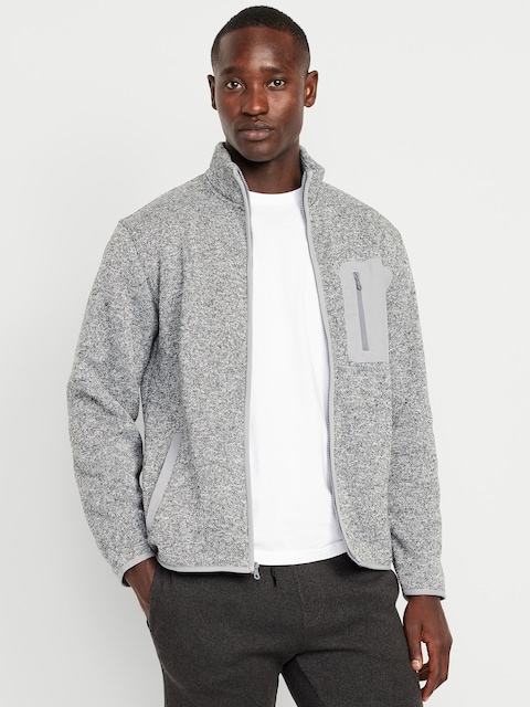 Sherpa-Lined Fleece-Knit Jacket - Gray Marl