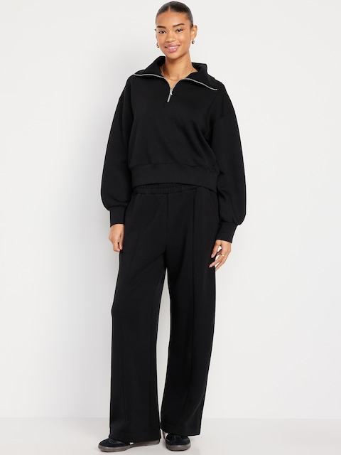 High-Waisted Bounce Fleece Wide-Leg Sweatpants - Black Jack
