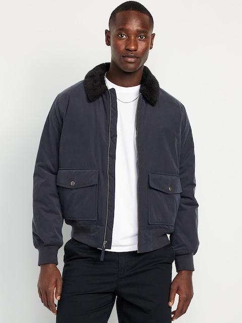 Water-Resistant Aviator Bomber Jacket - Moire Navy