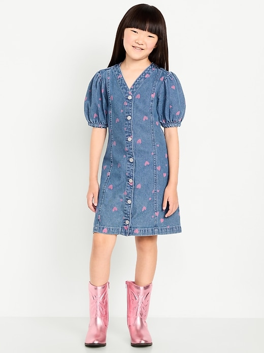 Image number 1 showing, Printed Short-Sleeve Fit and Flare Jean Dress for Girls