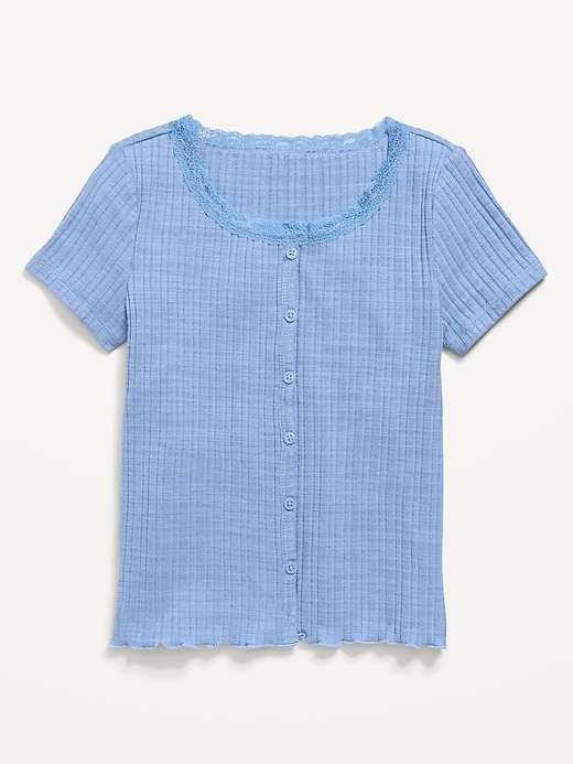 Image number 1 showing, Printed Short-Sleeve Lace-Trim Button-Front Top for Girls
