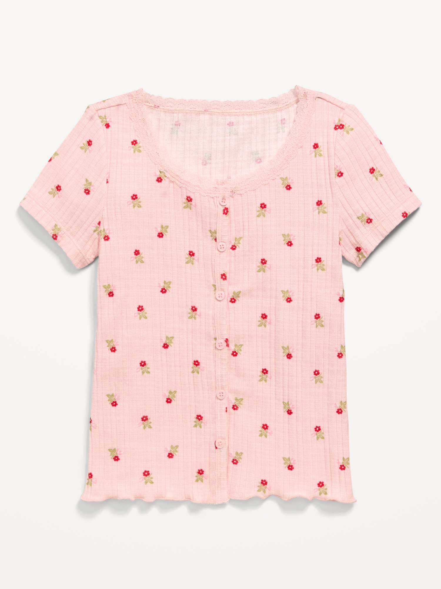 Printed Short-Sleeve Lace-Trim Button-Front Top for Girls
